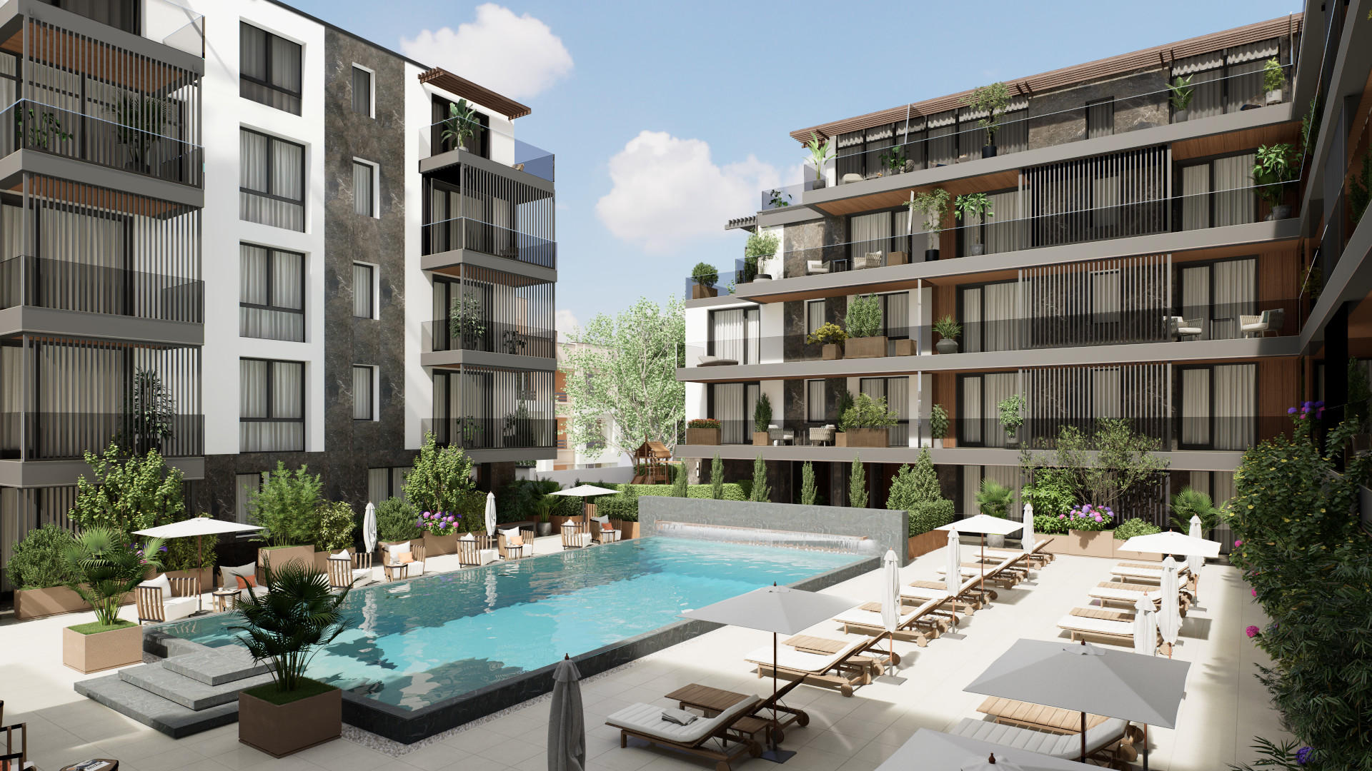 Vedere panoramică a ansamblului rezidențial ARQA Jolie Village, evidențiind designul modern, spațiile verzi generoase și facilitățile exclusiviste.