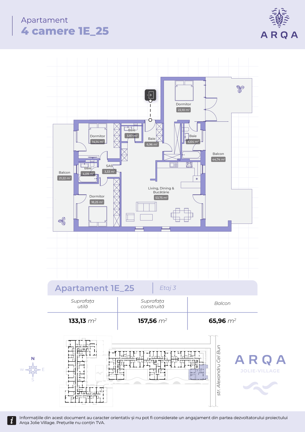 Plan apartament cu 4 camere, parter Bloc C, ARQA Jolie Village, evidențiind compartimentarea funcțională și spațiile generoase.